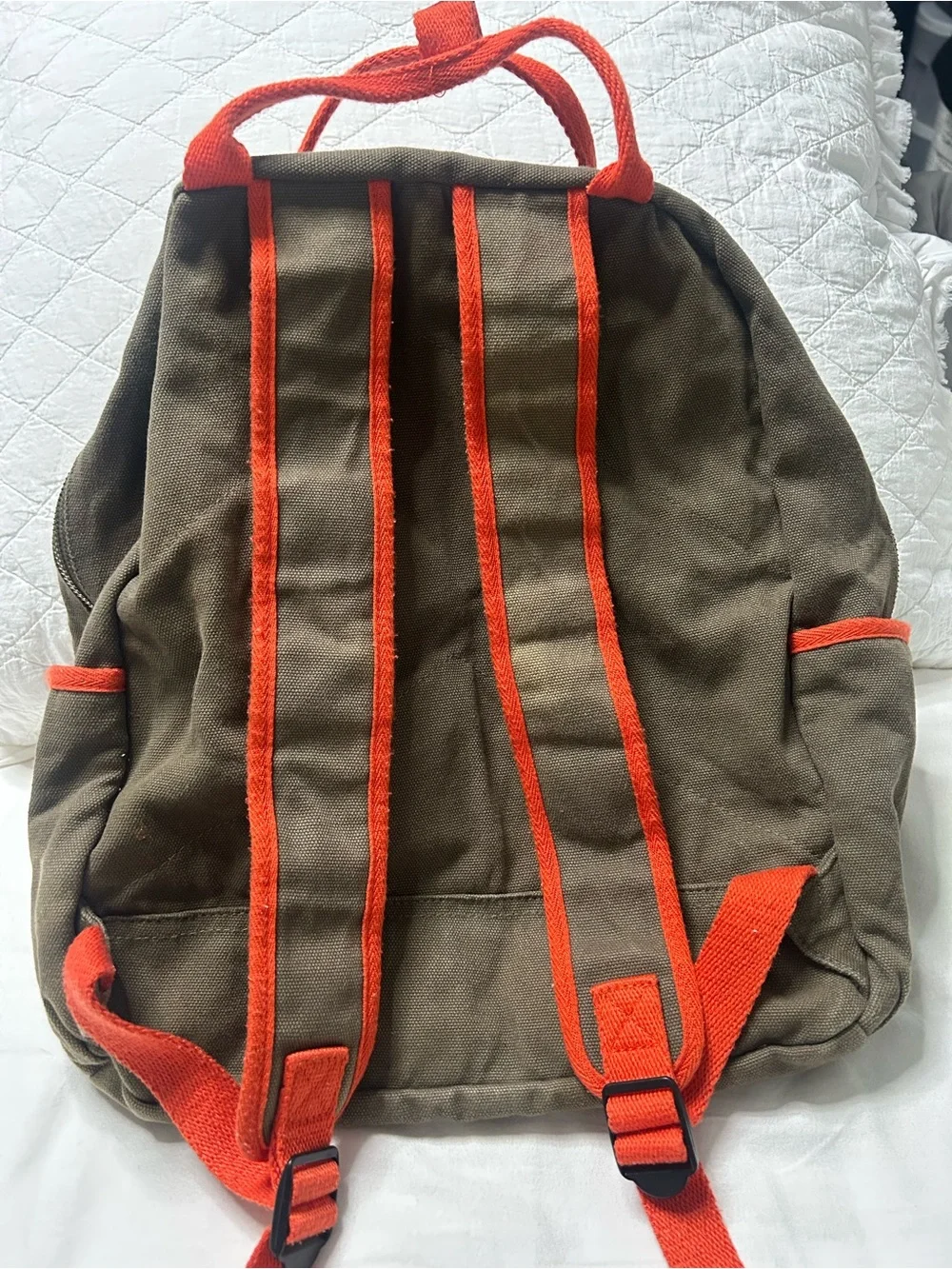 Unisex Canvas Backpack in Olive with Orange Accents